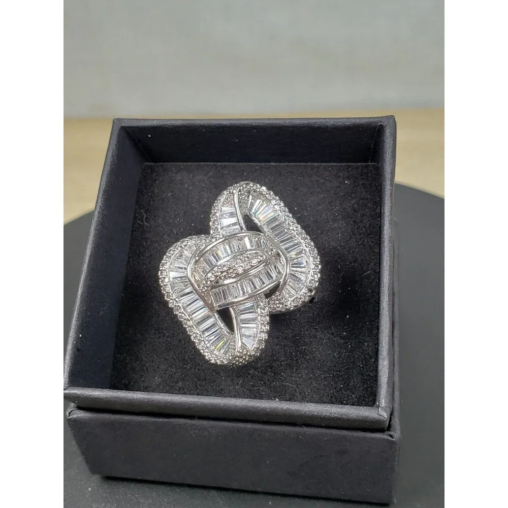 Unique Bow Infinity Baguette Cut CZ 925 Silver Cluster Cocktail Ring Size 9.25